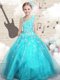 Admirable Aqua Blue Lace Up Asymmetric Appliques Flower Girl Dresses Tulle Sleeveless