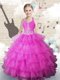 Adorable Halter Top Fuchsia Sleeveless Floor Length Beading and Ruffled Layers Lace Up Flower Girl Dress