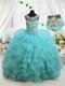 Scoop Sleeveless Kids Formal Wear Floor Length Beading and Ruffled Layers Aqua Blue Organza