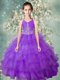Glamorous Halter Top Sleeveless Toddler Flower Girl Dress Floor Length Beading and Ruffled Layers Lavender Organza
