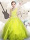 Yellow Green Sleeveless Floor Length Beading and Appliques and Hand Made Flower Lace Up Flower Girl Dresses