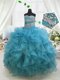 Blue Sleeveless Floor Length Beading and Ruffles Lace Up Toddler Flower Girl Dress