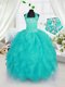 Ball Gowns Pageant Gowns For Girls Aqua Blue Halter Top Organza Sleeveless Floor Length Lace Up