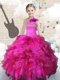 Floor Length Hot Pink Kids Formal Wear One Shoulder Sleeveless Lace Up