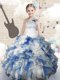 One Shoulder Blue And White Sleeveless Organza Lace Up Little Girl Pageant Gowns for Party and Wedding Party