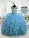 Pretty Scoop Ruffled Baby Blue Sleeveless Organza Lace Up Little Girls Pageant Dress for Party and Wedding Party