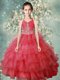 Modest Halter Top Floor Length Watermelon Red Girls Pageant Dresses Organza Sleeveless Beading and Ruffled Layers