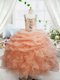 Floor Length Zipper Child Pageant Dress Orange for Party and Wedding Party with Beading and Ruffles and Pick Ups