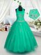 Trendy Halter Top Green Tulle Lace Up Flower Girl Dresses for Less Sleeveless Floor Length Appliques