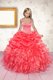 Spaghetti Straps Sleeveless Little Girls Pageant Dress Wholesale Floor Length Beading and Ruffles and Pick Ups Coral Red Organza