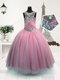 Lovely Scoop Floor Length Zipper Flower Girl Dress Pink for Party and Wedding Party with Beading