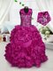 Hot Selling Fuchsia Zipper Halter Top Beading and Ruffles Flower Girl Dress Taffeta Sleeveless