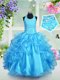 Customized Halter Top Beading and Ruffled Layers Flower Girl Dresses Aqua Blue Lace Up Sleeveless Floor Length