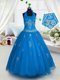 Latest Halter Top Floor Length Aqua Blue Little Girls Pageant Dress Wholesale Tulle Sleeveless Appliques