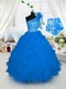 Glittering One Shoulder Aqua Blue Lace Up Girls Pageant Dresses Embroidery and Ruffles Sleeveless Floor Length
