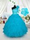 Sweet Turquoise Ball Gowns Organza One Shoulder Sleeveless Embroidery and Ruffles Floor Length Lace Up Kids Formal Wear