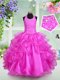 Charming Halter Top Fuchsia Sleeveless Floor Length Beading and Ruffled Layers Lace Up Flower Girl Dress