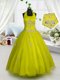 Fantastic Halter Top Floor Length Lace Up Child Pageant Dress Yellow for Party and Wedding Party with Appliques