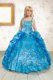 Turquoise Ball Gowns Spaghetti Straps Sleeveless Satin Floor Length Lace Up Beading and Appliques and Pick Ups Little Girls Pageant Gowns
