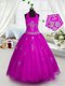 Halter Top Sleeveless Tulle Floor Length Lace Up Kids Formal Wear in Fuchsia with Appliques