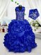 On Sale Halter Top Sleeveless Flower Girl Dresses Floor Length Beading and Ruffles Royal Blue Taffeta