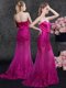 Mermaid Lace and Appliques Homecoming Dress Fuchsia Zipper Sleeveless Floor Length Sweep Train