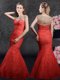 Nice Mermaid Red Cap Sleeves Floor Length Beading and Lace Zipper Prom Dress