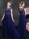 Navy Blue Empire Scoop Cap Sleeves Chiffon Floor Length Side Zipper Beading and Appliques Homecoming Dress
