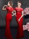 Customized Sequins Brush Train Column/Sheath Prom Evening Gown Red Scoop Elastic Woven Satin Short Sleeves With Train Zipper