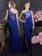 Wonderful Royal Blue One Shoulder Side Zipper Lace and Appliques Prom Dress Sleeveless