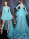 Decent Square High Low Aqua Blue Prom Evening Gown Organza Half Sleeves Beading