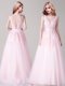 Baby Pink Prom Gown Prom and For with Appliques and Belt V-neck Sleeveless Backless