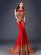 Mermaid Scoop With Train Red Dress for Prom Tulle Brush Train Sleeveless Appliques
