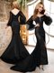 Fancy Black Mermaid Satin and Lace V-neck Long Sleeves Lace With Train Zipper Homecoming Dress Brush Train