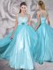 Eye-catching Floor Length Aqua Blue Evening Dress Bateau Cap Sleeves Zipper