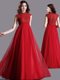 Deluxe Lace Evening Dress Red Zipper Cap Sleeves Floor Length