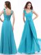 Aqua Blue Chiffon Lace Up Straps Sleeveless Floor Length Prom Gown Ruching