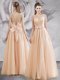 Cheap Champagne A-line Tulle Bateau Sleeveless Appliques and Bowknot Floor Length Lace Up Evening Dress
