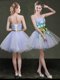 Stylish Lavender A-line Strapless Sleeveless Organza Mini Length Lace Up Appliques and Belt Prom Party Dress