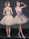 Customized Peach A-line Strapless Sleeveless Organza Mini Length Lace Up Appliques and Belt Dress for Prom