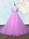 Fashion Scoop With Train Lilac Prom Dress Organza Court Train Half Sleeves Beading and Appliques