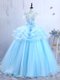 V-neck Short Sleeves Dress for Prom Floor Length Appliques and Ruffles Baby Blue Organza
