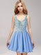 Mini Length Blue Evening Dress Straps Sleeveless Criss Cross