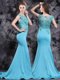Fabulous Brush Train Mermaid Prom Gown Aqua Blue Scoop Satin Cap Sleeves With Train Zipper