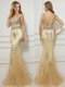 Best Mermaid Scoop Beading Prom Dress Gold Backless Cap Sleeves With Brush Train