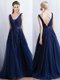 Navy Blue V-neck Backless Appliques and Belt Prom Evening Gown Brush Train Sleeveless