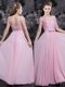 Sweet Sleeveless Chiffon Floor Length Side Zipper Homecoming Dress in Baby Pink with Appliques and Bowknot