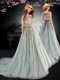 Popular Backless Scoop Sleeveless Prom Dresses With Brush Train Appliques and Bowknot Apple Green Tulle