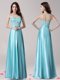 Dynamic Aqua Blue Empire Sweetheart Sleeveless Elastic Woven Satin Floor Length Zipper Beading and Appliques and Bowknot Prom Gown