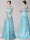 Elegant Scoop Aqua Blue Sleeveless Brush Train Appliques and Ruffles With Train Prom Evening Gown